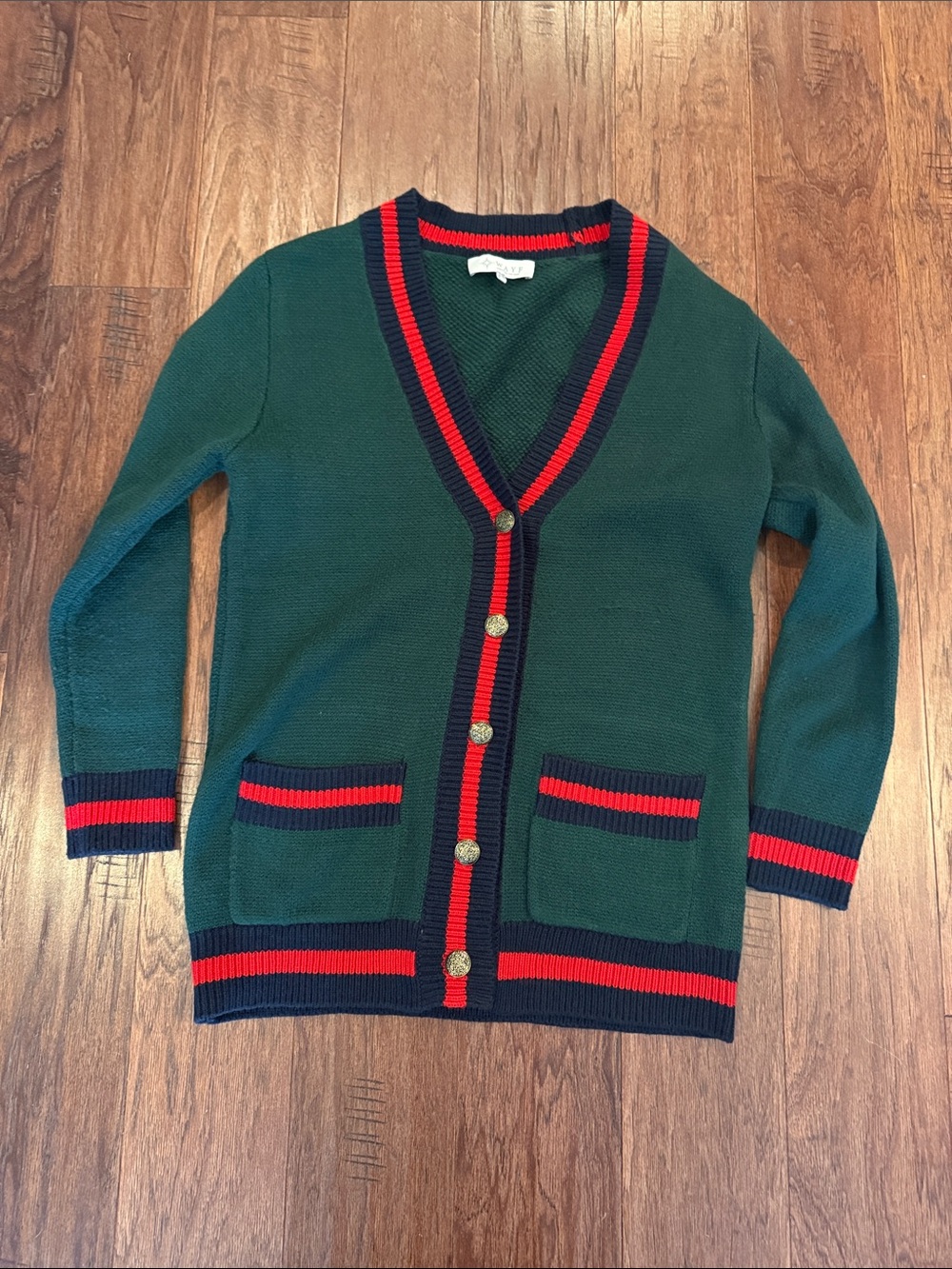 Wayf Forest Green Cardigan with Navy and Red Trim